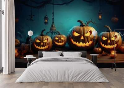 怪しく青く光る背景とハロウィーンのカボチャのお化けジャックオランタン。（Halloween pumpkin with mysterious blue glowing background. jack o lantern.）
 Wall mural