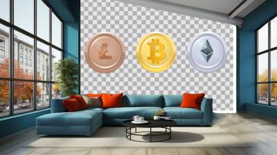 three realistic coins  medals with crypto-currencies - bitcoin, etherium, lightcoin, gold, silver, bronze, three places Wall mural