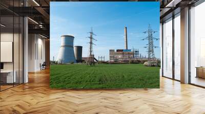 Disaffected coal-fired power plant station in the field clear day blue sky steaming furnace Wall mural