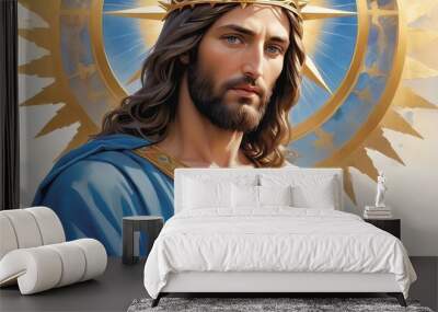 portrait of Jesus of Nazareth, painting of Jesus Christ with golden aura and rays of lights Wall mural