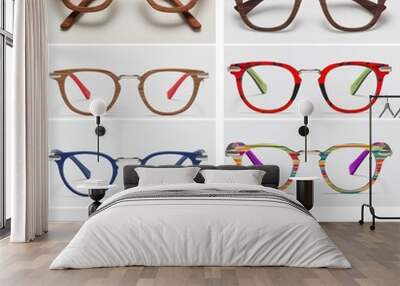 sticker of eyeglass frames of different colors and shapes. stickers. eye frames. sunglases. Wall mural