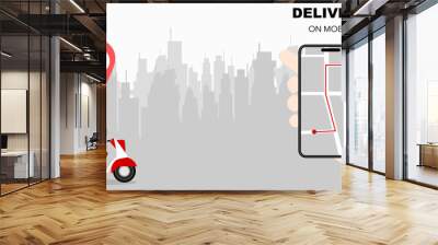 Man driving a delivery scooter with smartphone location technology. Fast delivery with mobile app. Flat design vector illustration. Wall mural