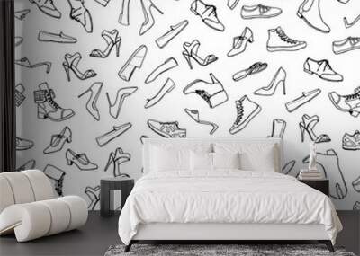 Cartoon hand drawn SHOES seamless pattern. Lots of symbols, objects and elements. Hand-drawn monochrome black and white background, EPS 10. Different kind of shoes. Isolated on white background. Wall mural