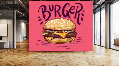 Burger in cartoon style. Fast food vector illustration isolated on pink background. Wall mural