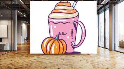 Cartoon style pumpkin spice cocktail autumn season Wall mural