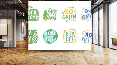 Eco stickers lettering phrases set. Hand drawn colorful cartoon style. Wall mural