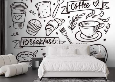 Hand drawn breakfast doodle set elements. Black color. Wall mural