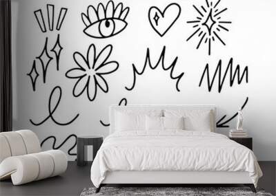 Handdrawn doodles with hearts, smiley faces, flowers, stars, and arrows Wall mural