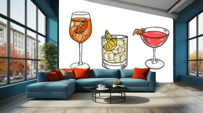 Set cocktails in vintage engraving style. Colorful vector art illustration. Wall mural