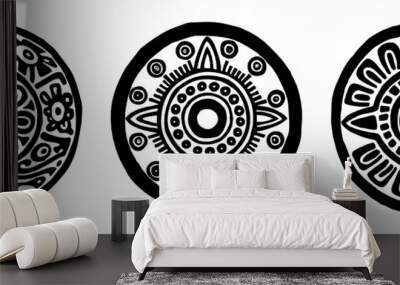 Ancient maya circle flowers, black and white Wall mural