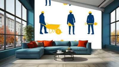 workers silhouette with yellow tools and helmet Wall mural