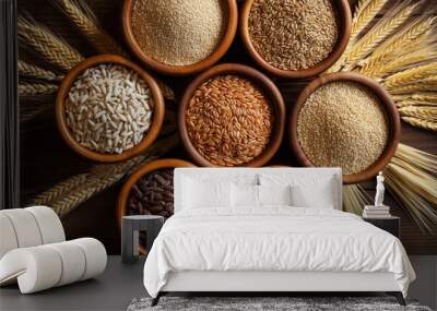 Assortment of cereals and grains in bowls on black background, top view generative ai Wall mural