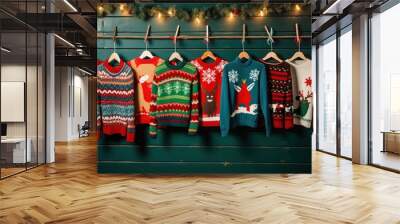 Flat lay of colorful National Ugly Christmas Sweater Day decorations on a wooden table Wall mural