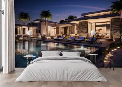 real estate Luxury Interior and exterior design pool villa with swimming pool and palm trees  Wall mural