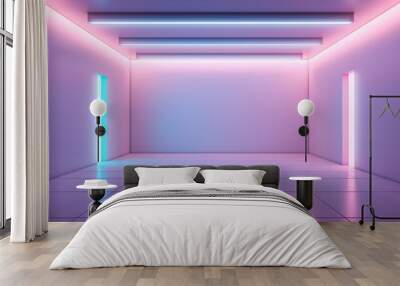 Abstract interior empty neon room or corridor. Colored modern minimal holographic design. Generative AI Wall mural