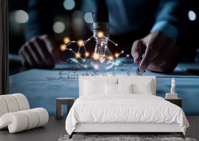 A bright lightbulb shines over papers, symbolizing the generation of innovative ideas, creativity, and the bright future of technological advancements in development. Wall mural