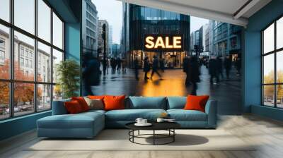 A busy city street scene features a prominent illuminated SALE sign displayed on a building's facade, capturing the hustle and bustle of urban life and commerce. Wall mural