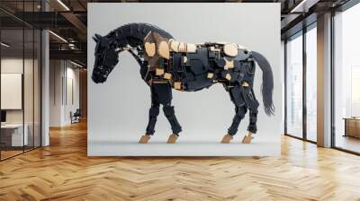 A detailed and creative sculpture of a horse made entirely out of mechanical parts, demonstrating the intersection of art and engineering. It portrays elegance and futurism. Wall mural