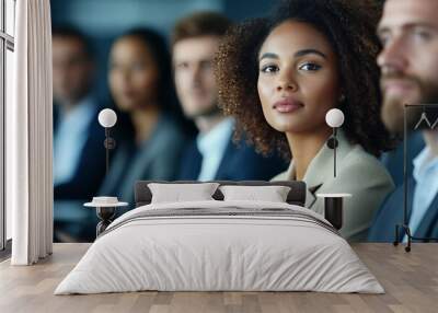 A diverse team of business professionals in a meeting setting, with a woman in sharp focus, highlighting collaboration, inclusivity, and dynamic teamwork. Wall mural