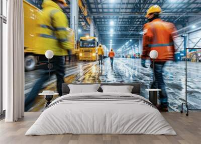 A dynamic image showing blurred workers in orange vests walking in an industrial facility Wall mural