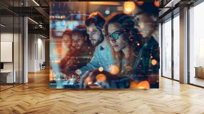 A female programmer works beside a male colleague among futuristic holographic projections and digital interfaces Wall mural