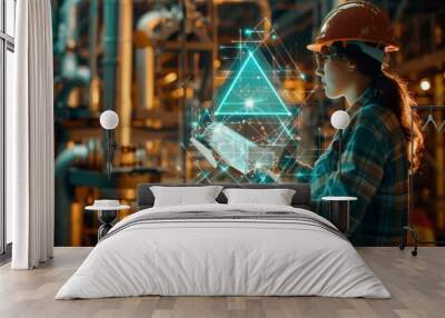 A female worker in a hard hat interacts with a holographic pyramid in an industrial setting, indicating innovation Wall mural