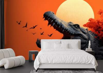 A ferocious dinosaur opens its mouth wide in a roar, set against a vibrant orange sky with birds flying and a bright sun in the background, evoking a prehistoric feel. Wall mural