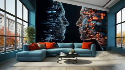 A futuristic abstract image depicting two digital faces confronting each other, made of vibrant data streams, symbolizing communication and technological evolution. Wall mural