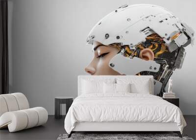 A futuristic robotic head with sleek mechanical design and visible wiring symbolizes advanced artificial intelligence and cutting-edge robotics in modern technology. Wall mural