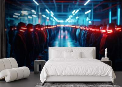 A group of people standing in two parallel lines, each wearing futuristic outfits with glowing red visors, creating a modern and tech-savvy ambiance in a dim setting. Wall mural