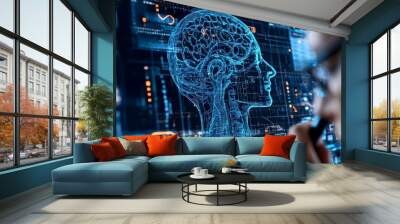 A holographic brain is displayed on a futuristic digital interface, symbolizing the intersection of technology and cognitive science, showcasing innovation and discovery. Wall mural