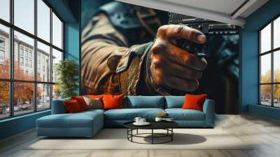 A man is holding a gun on a black background Wall mural