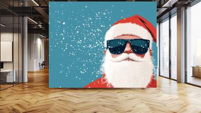 A modern, stylish depiction of Santa Claus wearing sunglasses, placed against a vibrant blue background, with scattered snowflakes adding a whimsical touch. Wall mural