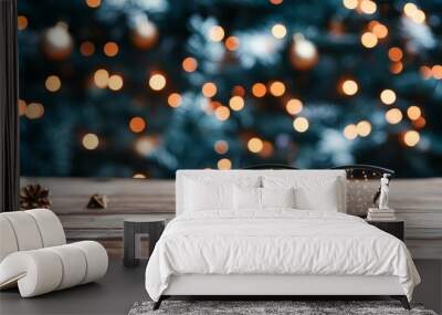 A pair of chic black glasses sits on a wooden surface, with twinkling holiday lights bokeh reflecting on its lenses, symbolizing style and festive ambiance. Wall mural