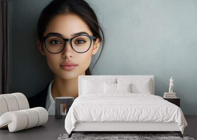 A poised young woman in a suit and glasses stands against a plain background, exuding professionalism and confidence with her sleek, modern business attire. Wall mural