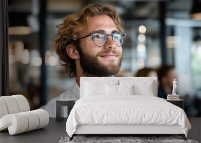 A thoughtful young man with glasses looks pensive in a bustling office setting. The background features coworkers engaged in their activities, adding to the scene's depth. Wall mural