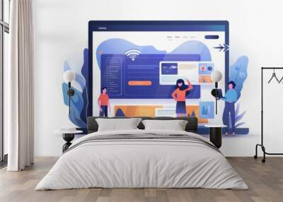 A vibrant illustration portraying people interacting with a huge, stylized computer screen featuring web design elements Wall mural