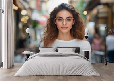 A woman with curly hair and glasses, engaged with a laptop in an outdoor urban environment, indicating technology, connectivity, and modern lifestyle. Wall mural