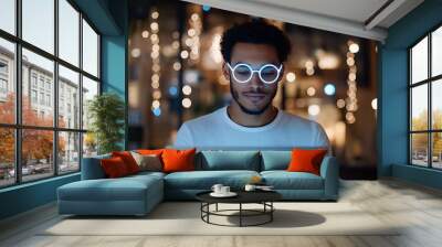 A young man sits at his laptop with glowing glasses, embodying the fusion of technology and creativity in a dimly lit space that exudes modern innovation. Wall mural