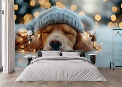 An adorable dog is laying on an ice-covered ground, surrounded by holiday lights, expressing a serene and festive scene filled with warmth and the joy of the holiday season. Wall mural