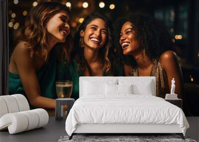 Cheerful female friends having fun on party together Wall mural