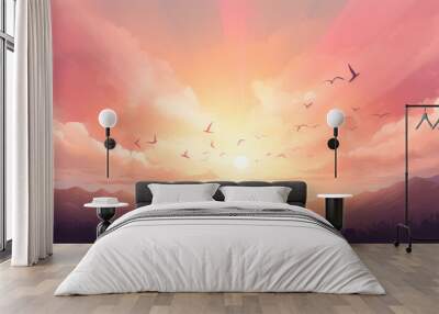 Christian cross with birds flying around it in the sky Wall mural