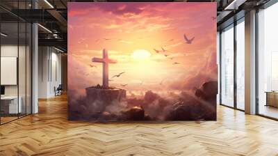 Christian cross with birds flying in the sky during sunset Wall mural