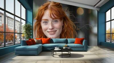 Close-up of a woman with bright red hair in light clothing, her face obscured for anonymity Wall mural