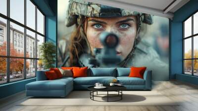 Female soldier with rifle on battlefield Wall mural