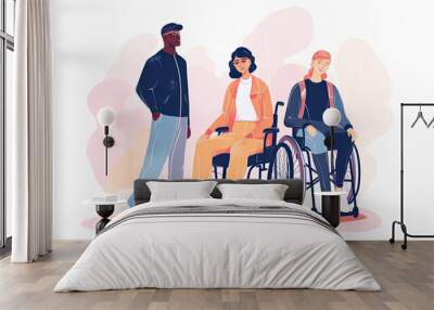 Flat vector illustration of three young people, two of them are in the wheelchairs Wall mural