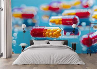 High-quality close-up of multiple capsules with vibrant colors against a blue background, depicting pharmaceuticals Wall mural