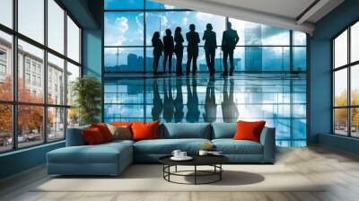 Image portrays a group of professionals silhouetted against a modern office window overlooking a cityscape Wall mural