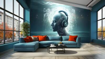 Portrait of futuristic looking person with headphones inside water Wall mural