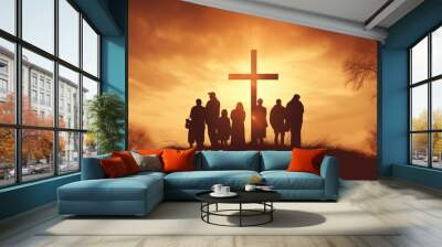 Rear view of family walking on field with Christian cross Wall mural